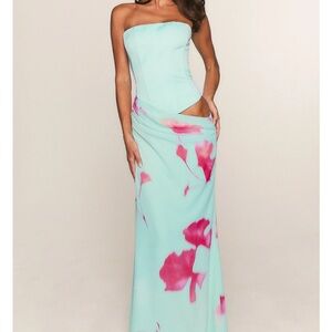 White Fox Peach Fizz Strapless Aqua Gown with Pink Floral Accents